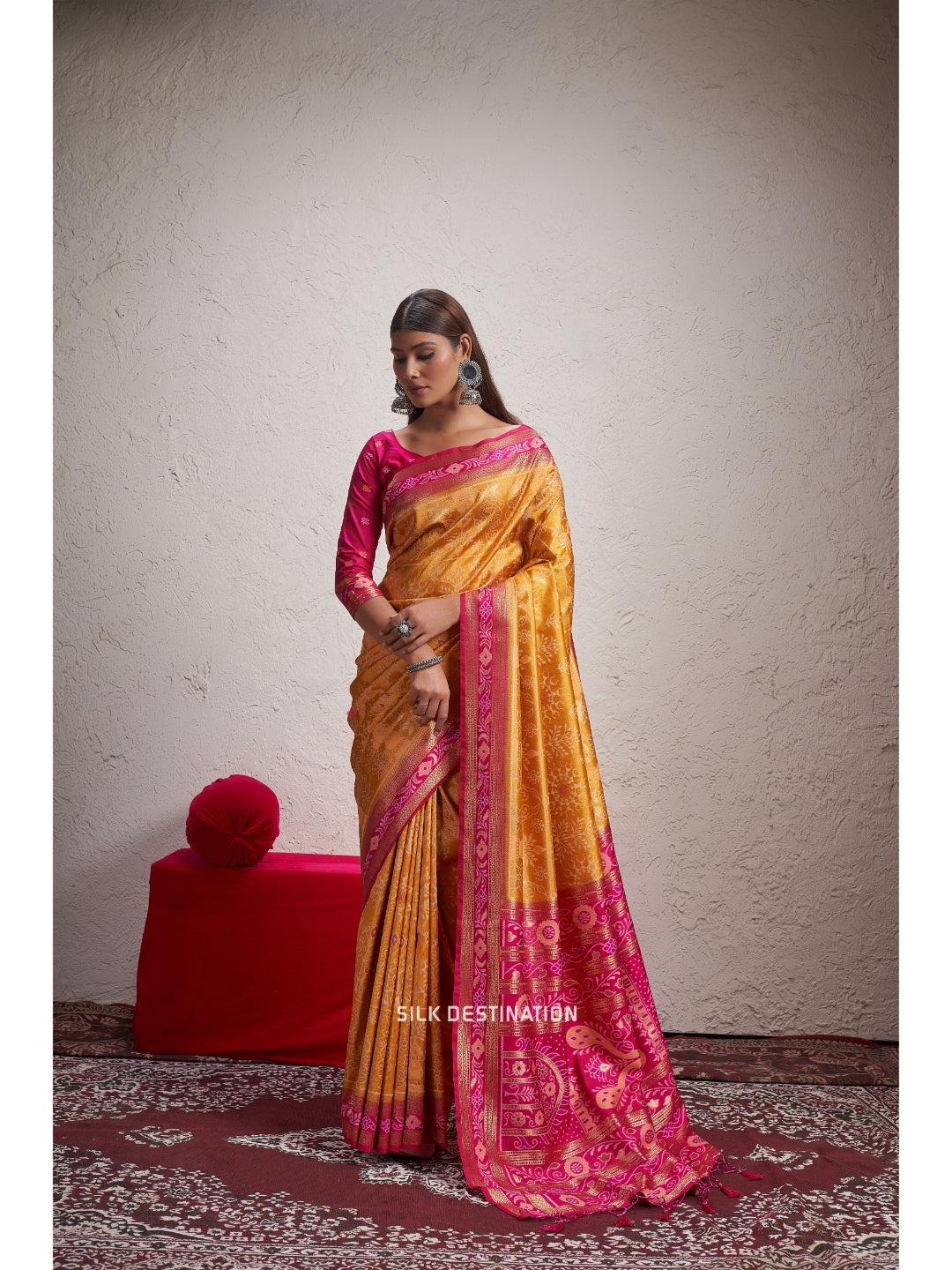 Mallika Saree: Youthful Yellow with Pretty Pink Pallu, Designer Sambalpuri Silk Saree with traditional Motifs