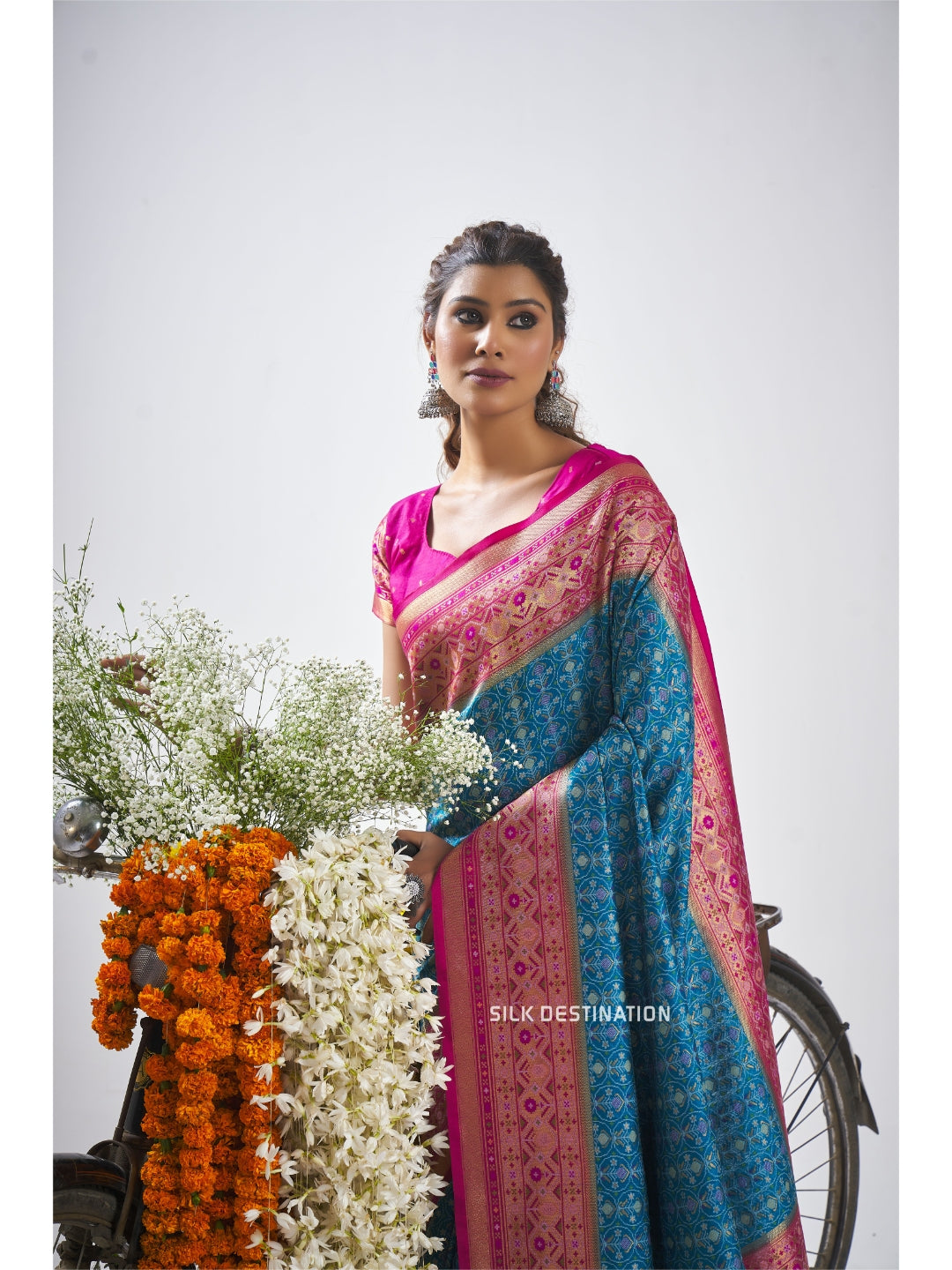 Soumya Saree: Bright Blue with Rani Pink Pallu, traditional Patola Silk Saree with double Ikat Motifs