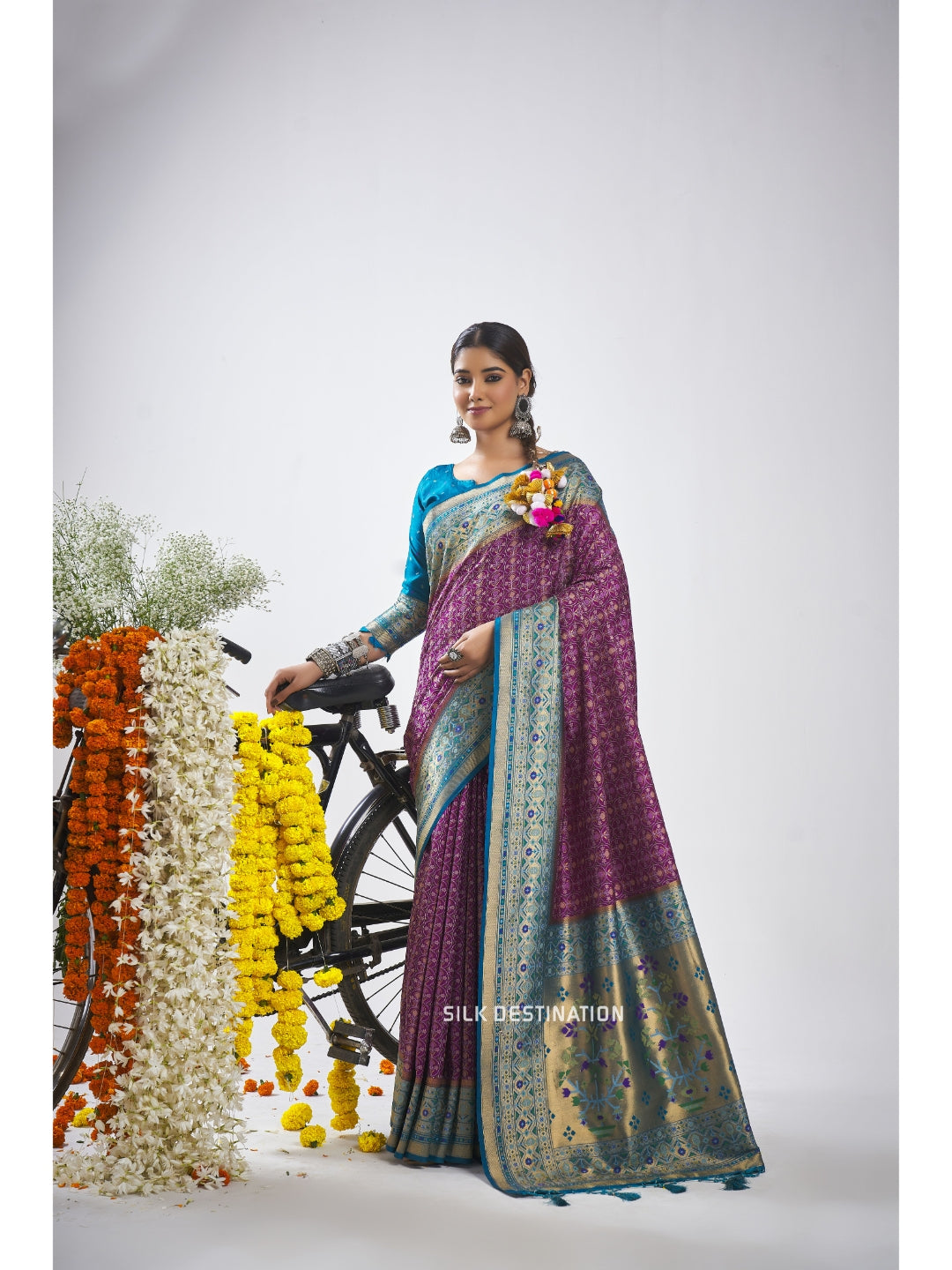 Chandralekha Saree: Royal Violet with Bright Blue Pallu, traditional Patola Silk Saree with double Ikat Motifs