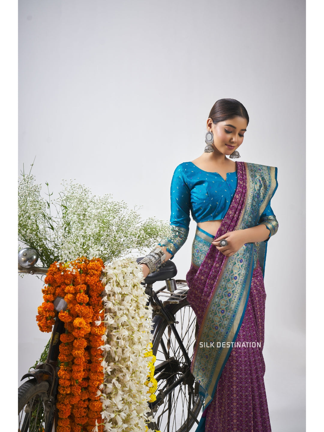 Chandralekha Saree: Royal Violet with Bright Blue Pallu, traditional Patola Silk Saree with double Ikat Motifs