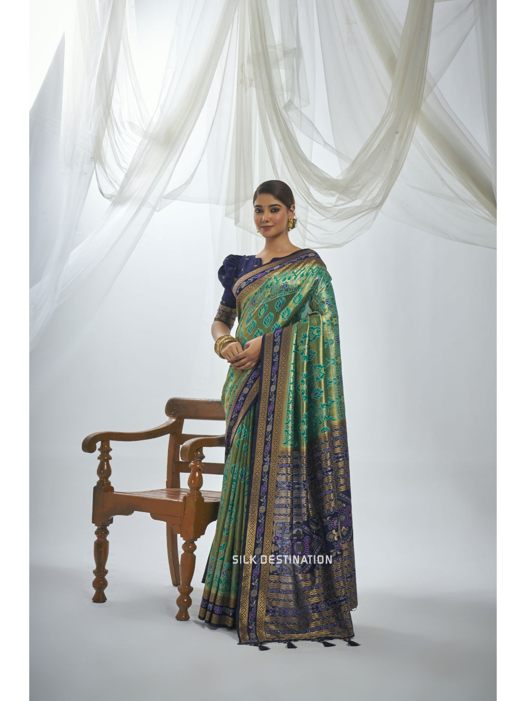 Swarnim Saree: Graphite Green with Beauty Blue Pallu, Traditional Sambalpuri Silk Saree with Barpali Motifs