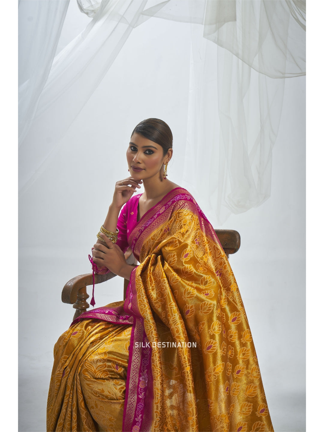 Swarnaprabha Saree: Mustard Yellow & Rani Pink Pallu, Traditional Sambalpuri Silk Saree with Barpali Motifs