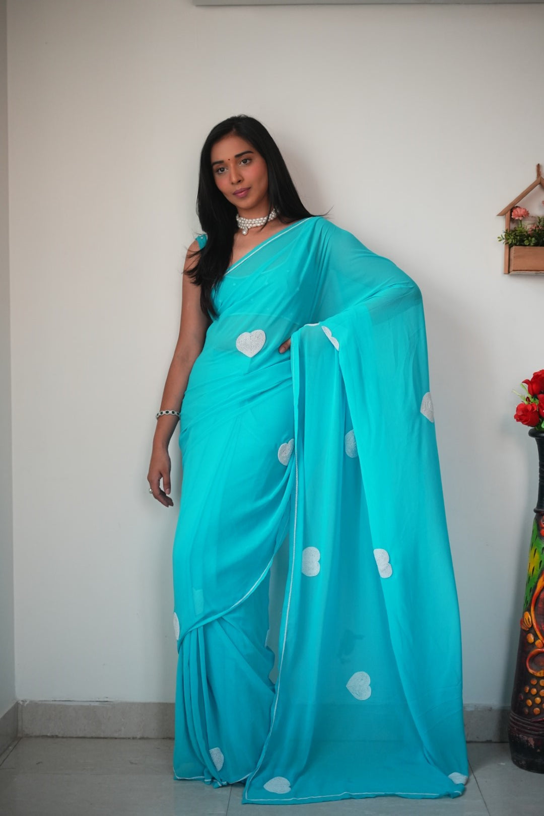 Ready to Wear electric blue White heart Embrodery Design Saree