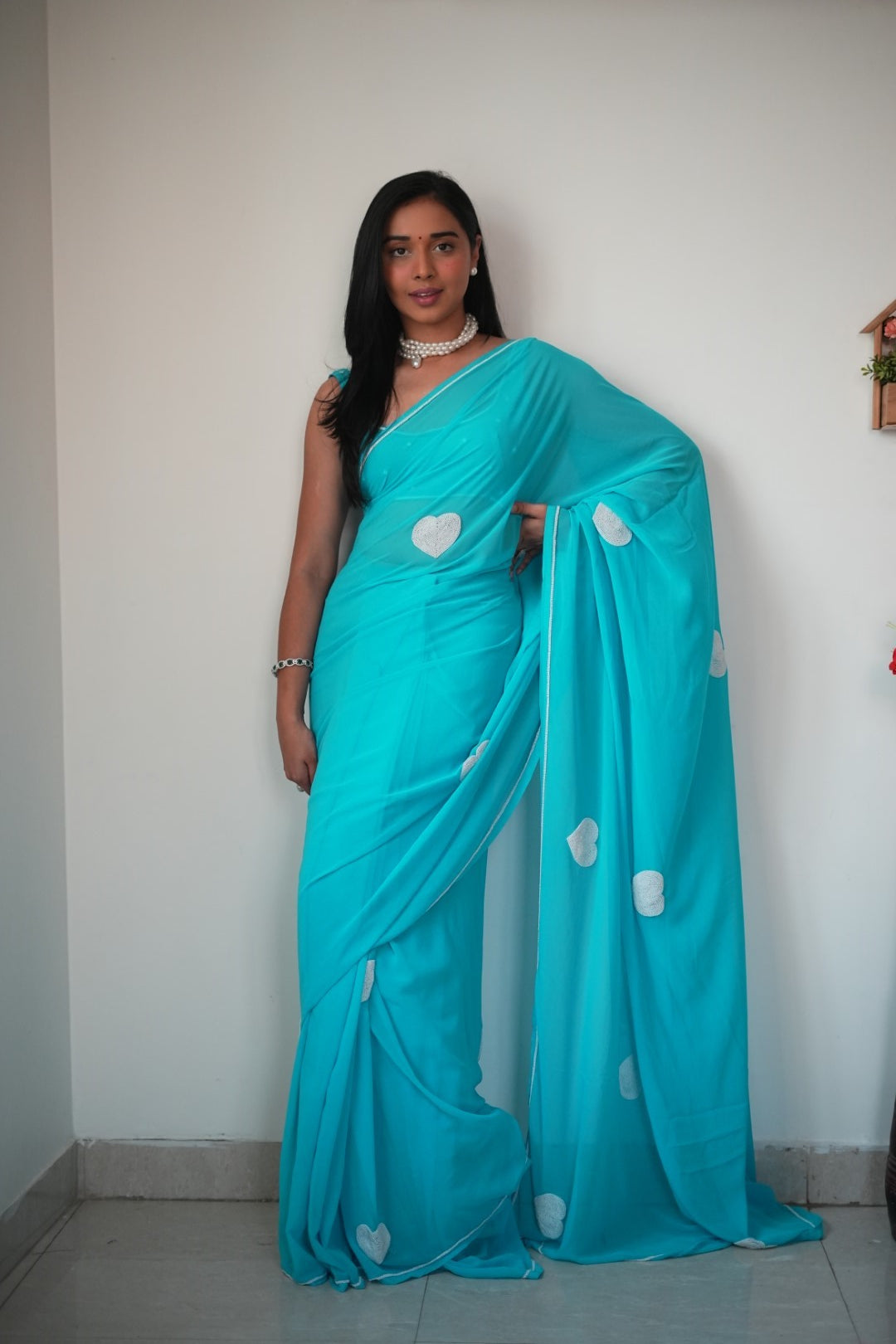 Ready to Wear electric blue White heart Embrodery Design Saree
