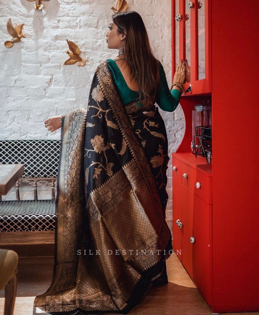 Midnight Black and Gold Pallu A lightweight, classy saree with Golden printed patterns