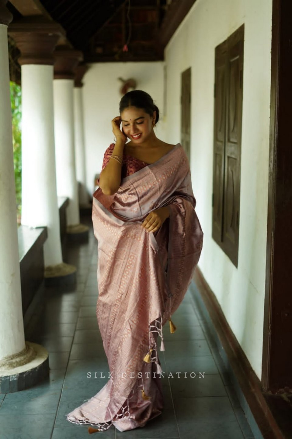 Taupe Tranquility: Taupe Gray Saree Featuring a Chocolate Brown Border and Intricate Design