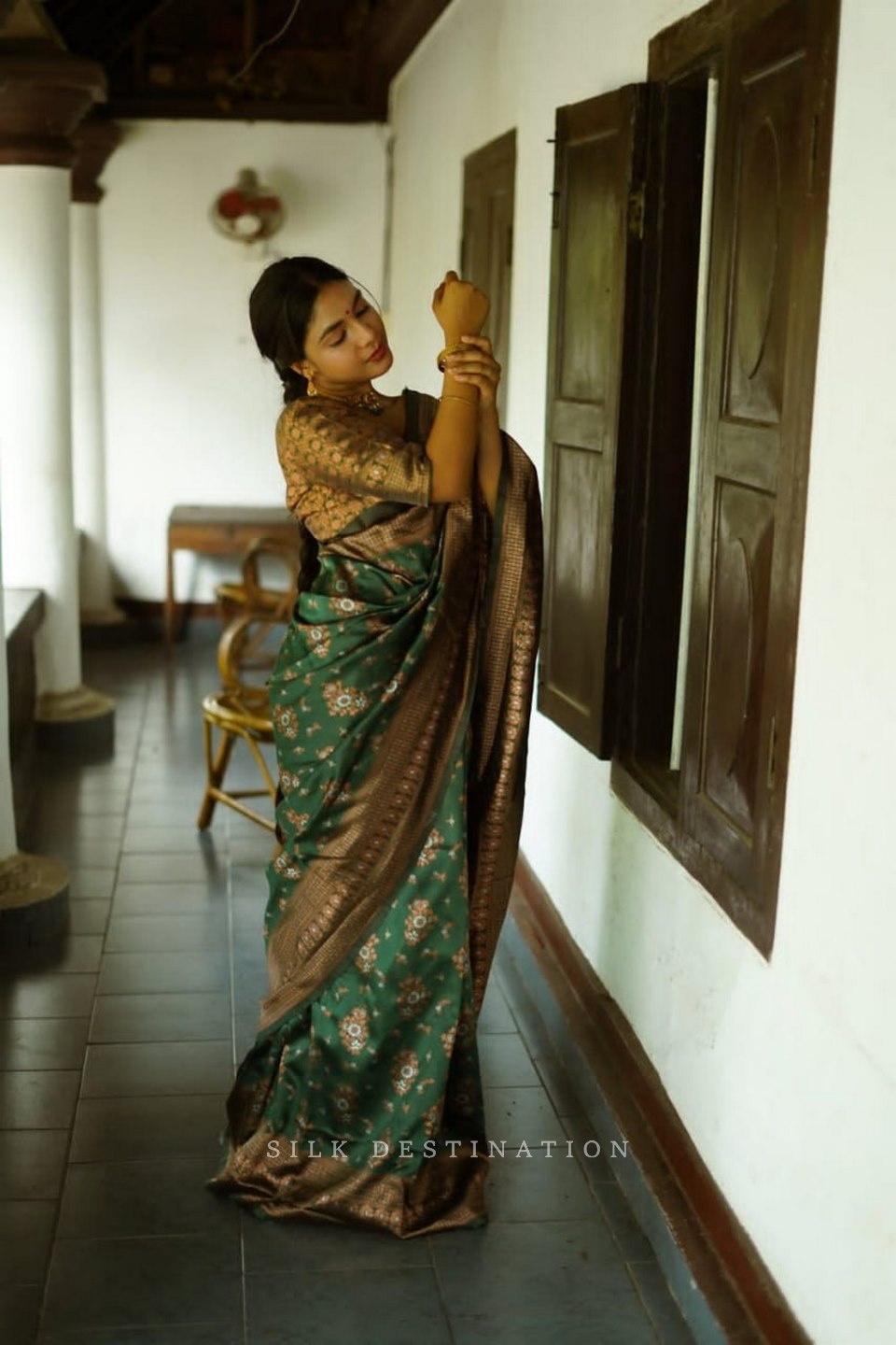 Enchanted Woodland: Forest Green Saree with Taupe Design and Dark Olive Border