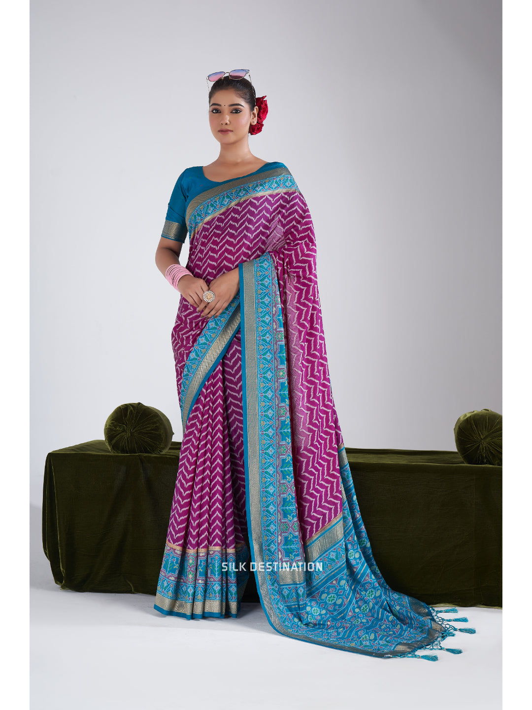 Saundarya Shree Saree: Jade Purple & Beauty Blue Pallu, traditional Kalamkari motif | Patola Silk Saree