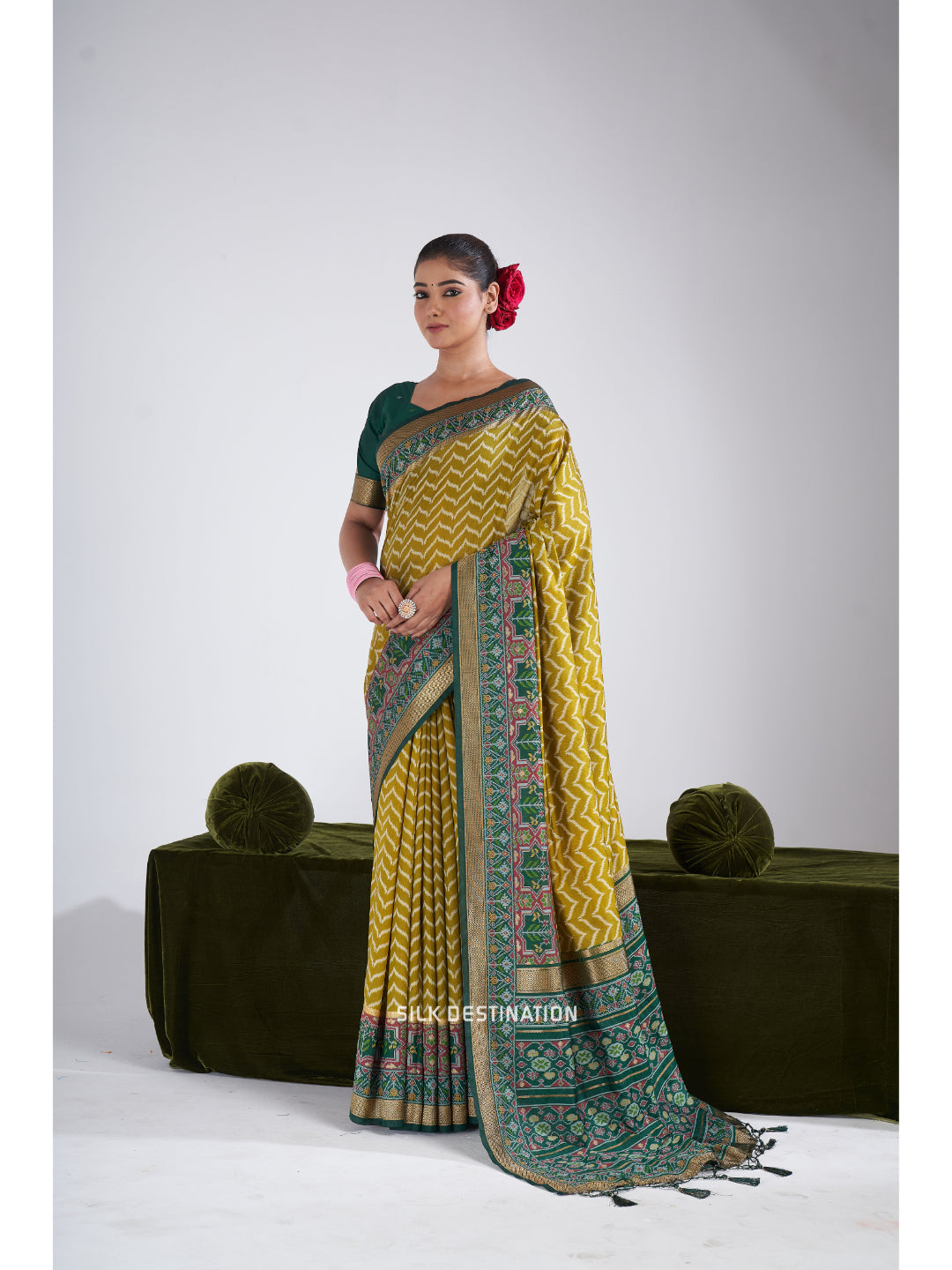 Supriya Saree: Majestic Yellow & Godly Green Pallu, traditional Kalamkari motif | Patola Silk Saree
