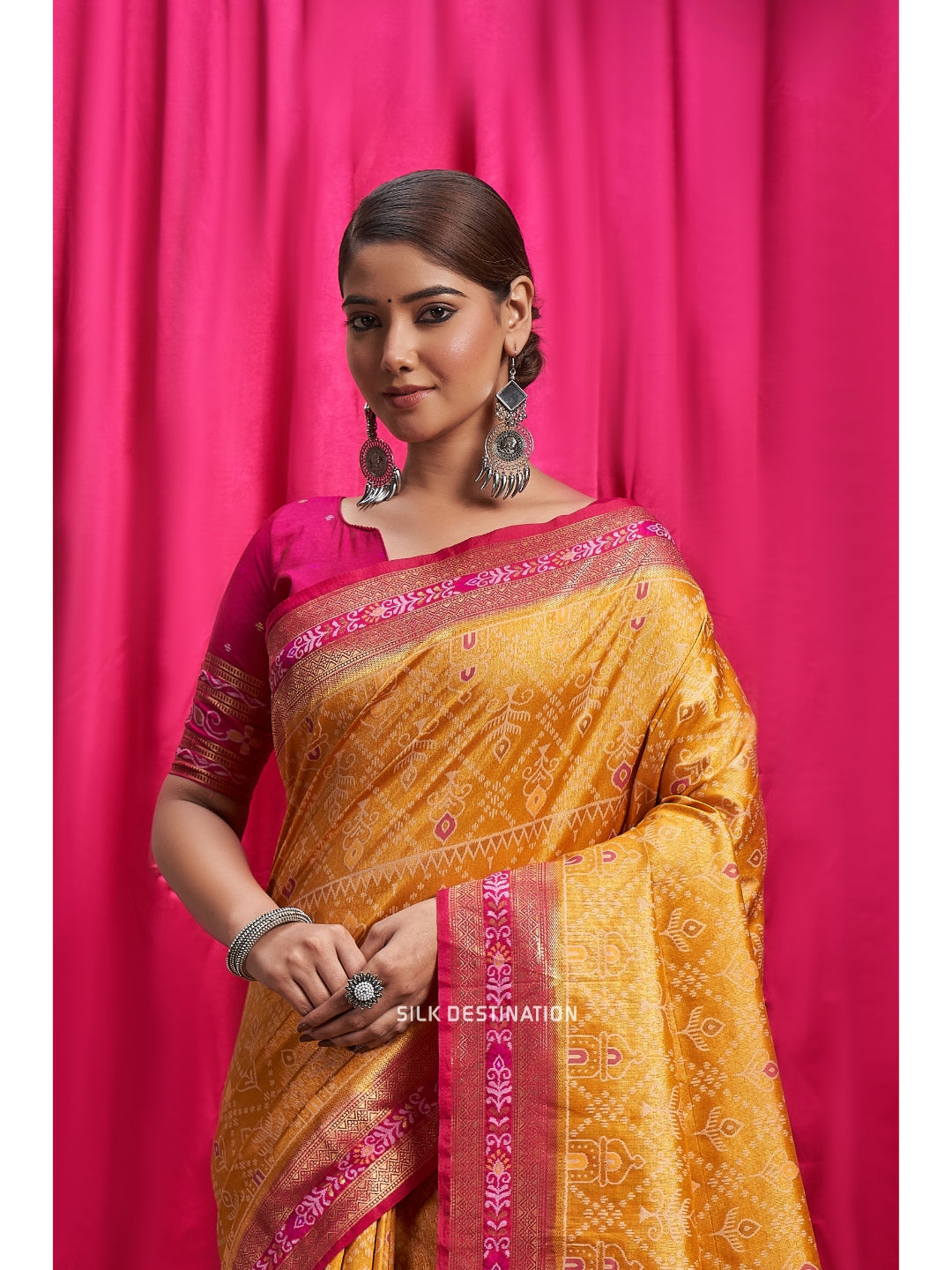 Youthful Yellow with Pretty Pink Pallu, Designer Sambalpuri Silk Saree with traditional Motifs