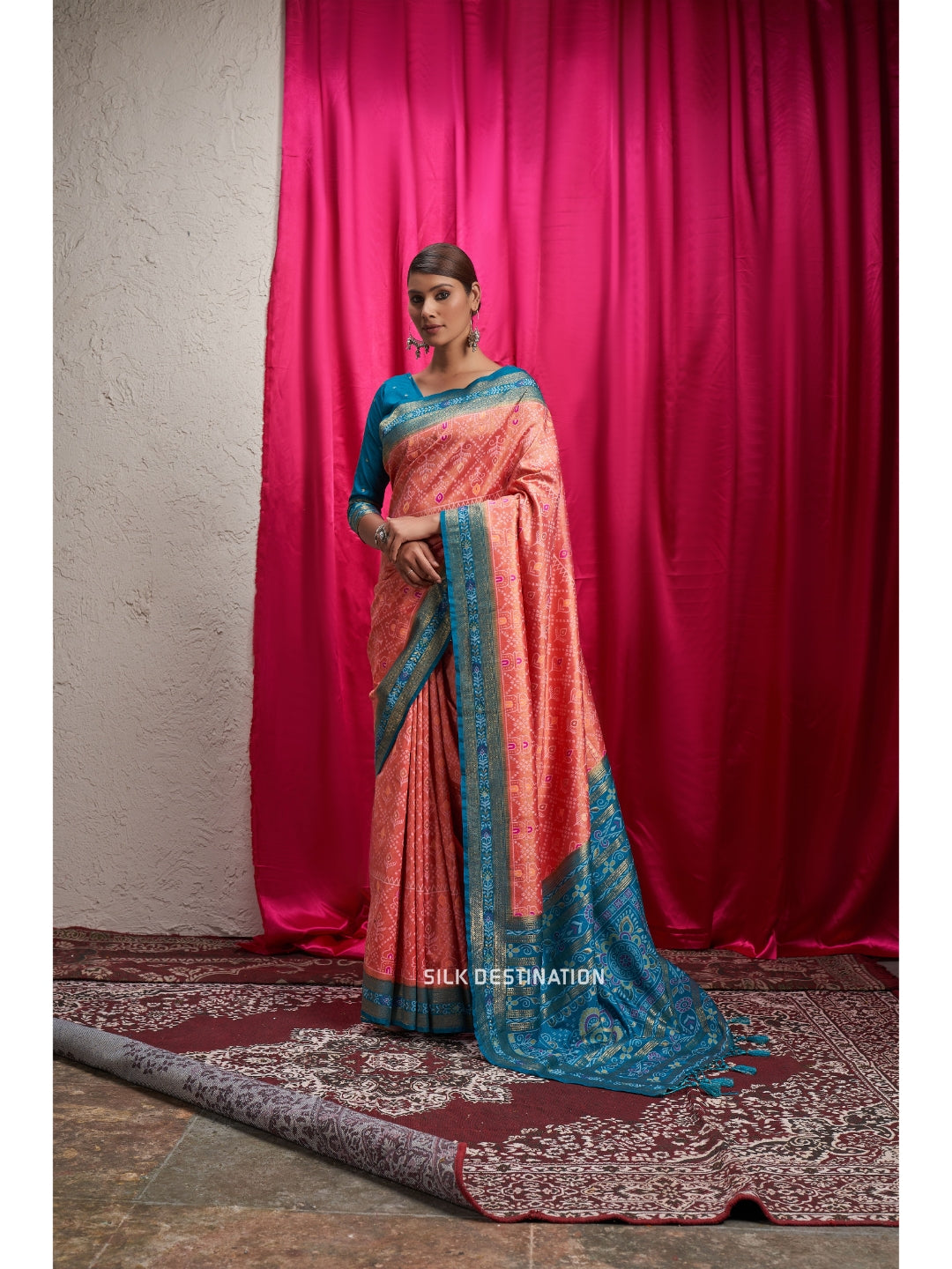 Precious Peach & Beauty Blue Pallu, Designer Sambalpuri Silk Saree with traditional Motif