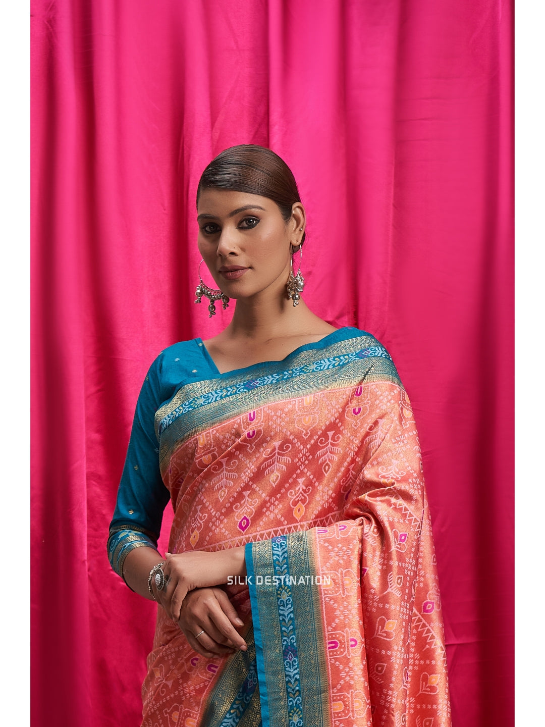 Precious Peach & Beauty Blue Pallu, Designer Sambalpuri Silk Saree with traditional Motif