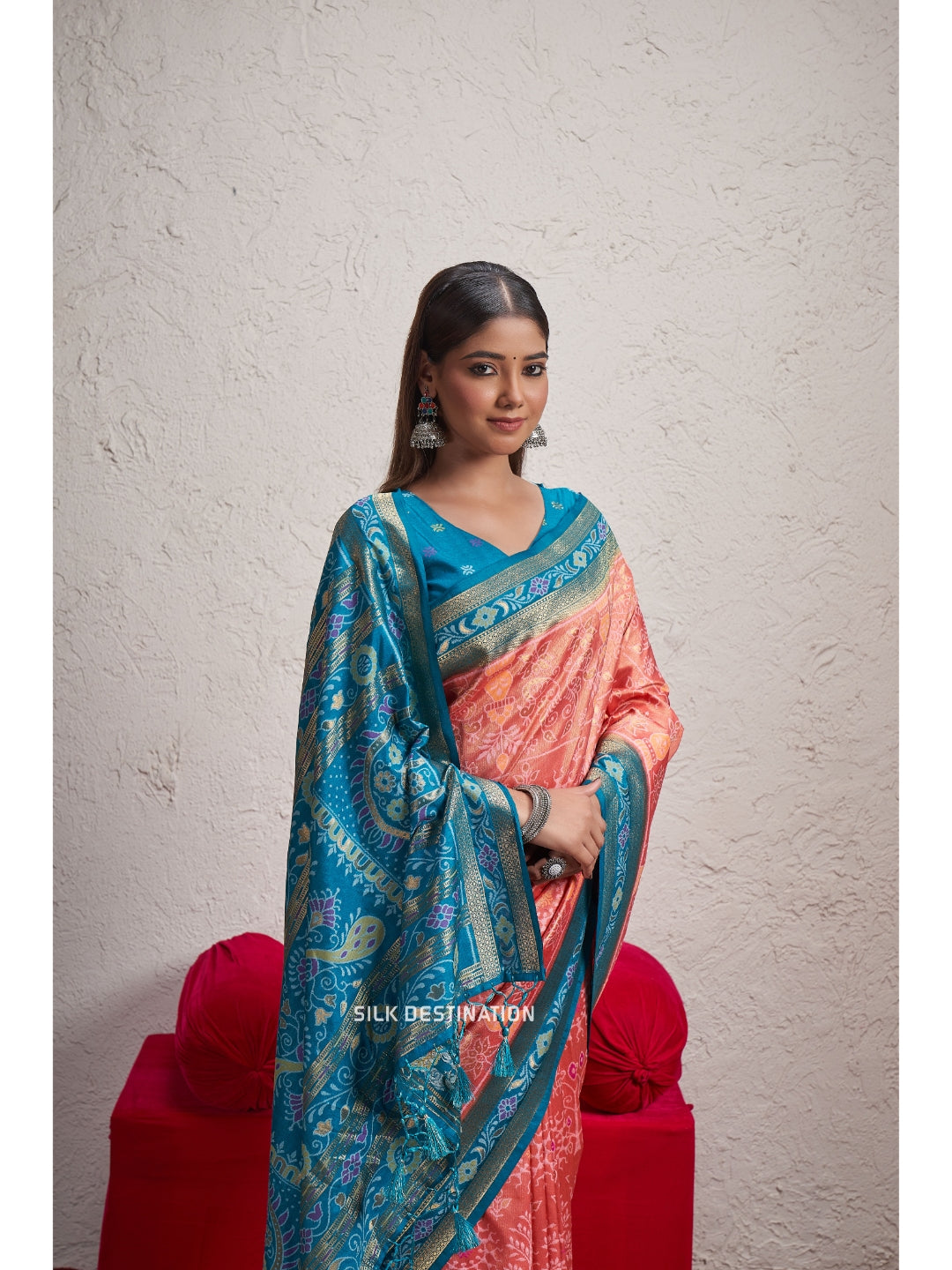 Manmohini Saree: Precious Peach & Beauty Blue Pallu, Designer Sambalpuri Tissue Silk Saree with traditional Motif