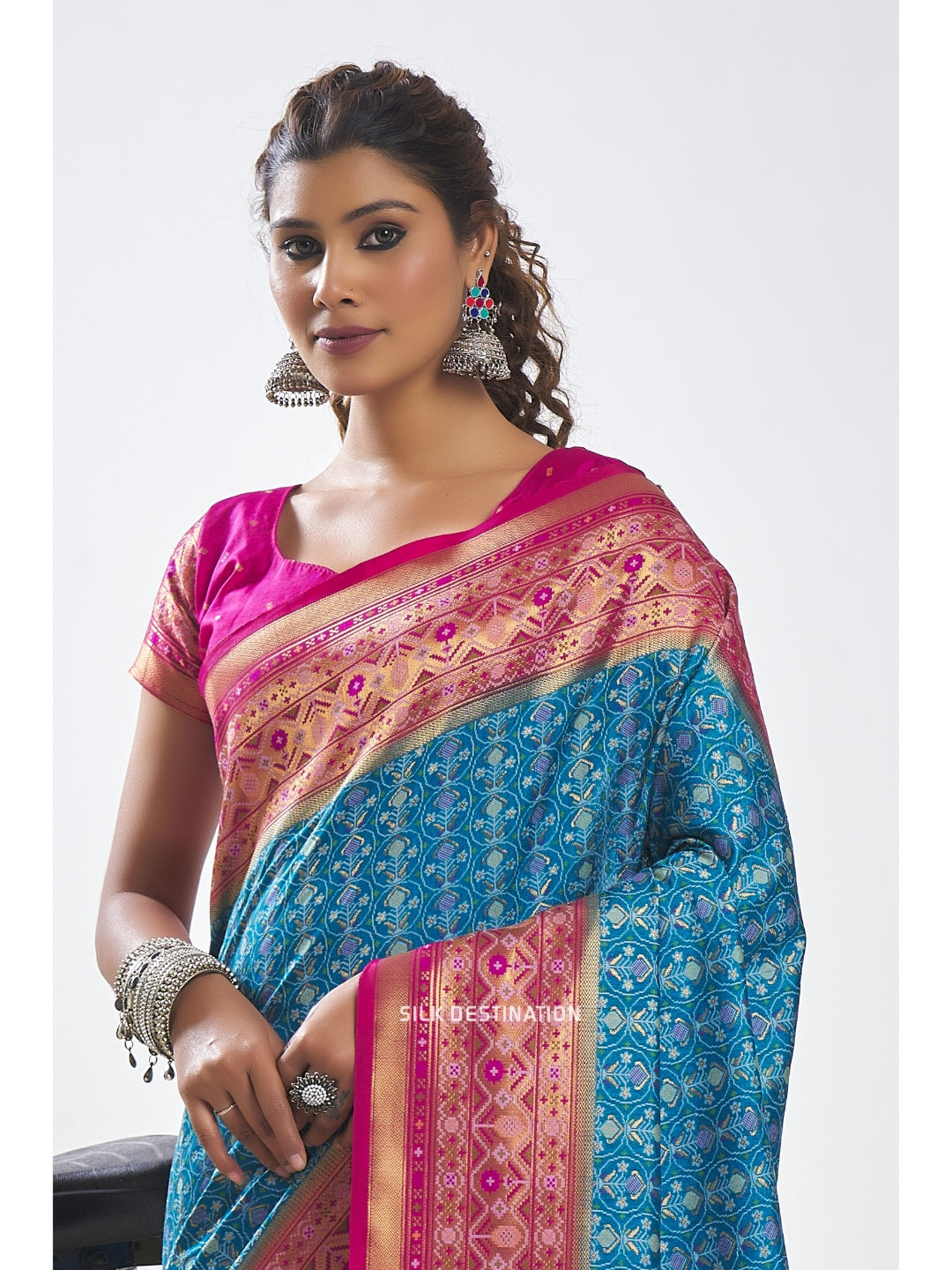 Soumya Saree: Bright Blue with Rani Pink Pallu, traditional Patola Silk Saree with double Ikat Motifs