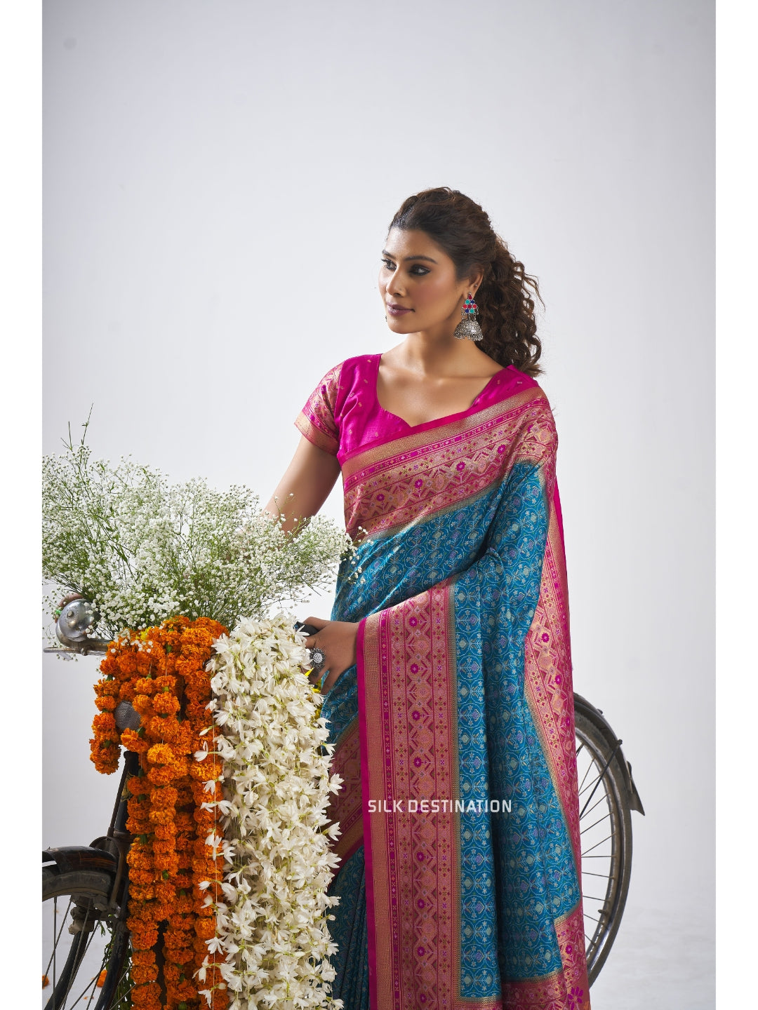 Soumya Saree: Bright Blue with Rani Pink Pallu, traditional Patola Silk Saree with double Ikat Motifs