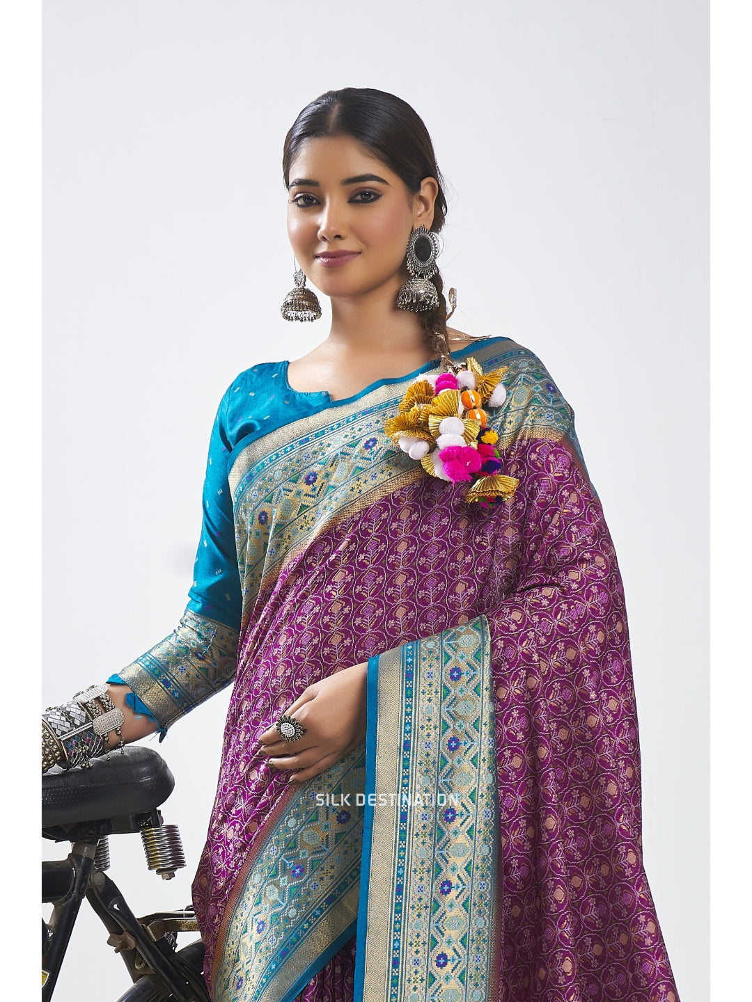 Chandralekha Saree: Royal Violet with Bright Blue Pallu, traditional Patola Silk Saree with double Ikat Motifs