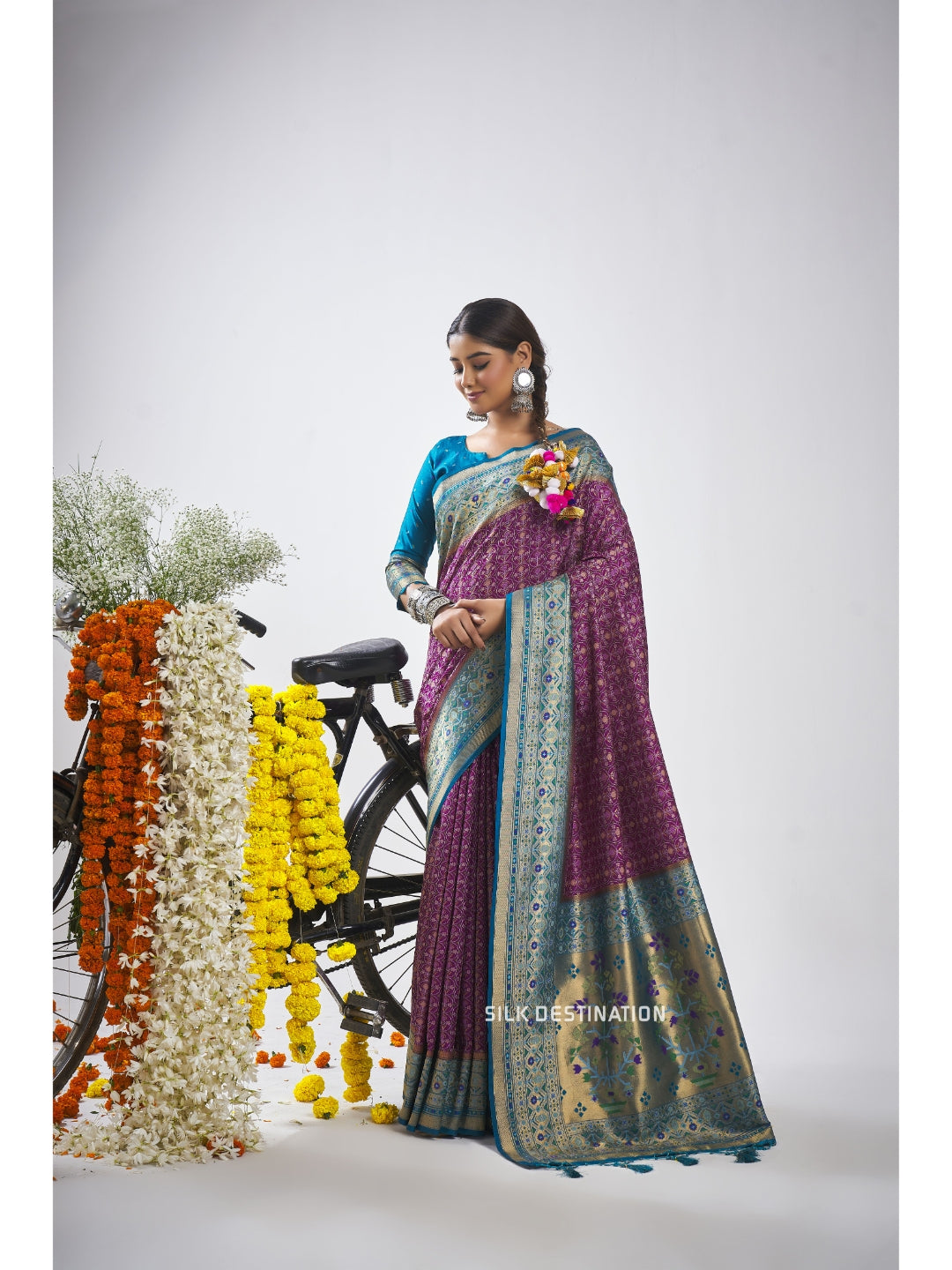 Chandralekha Saree: Royal Violet with Bright Blue Pallu, traditional Patola Silk Saree with double Ikat Motifs