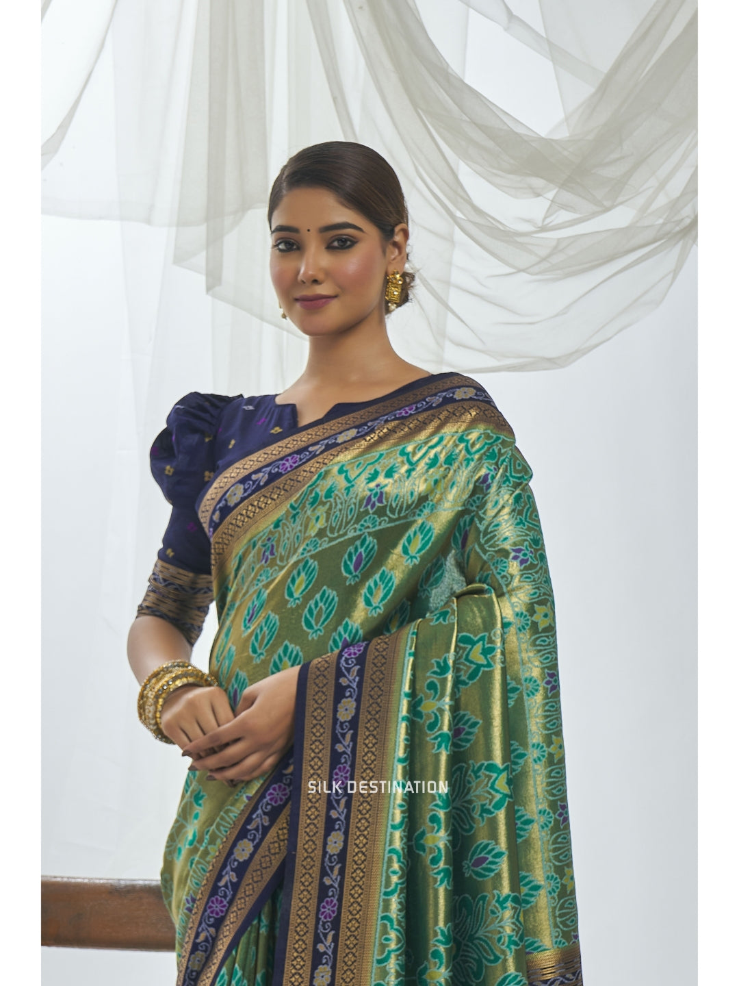 Swarnim Saree: Graphite Green with Beauty Blue Pallu, Traditional Sambalpuri Silk Saree with Barpali Motifs