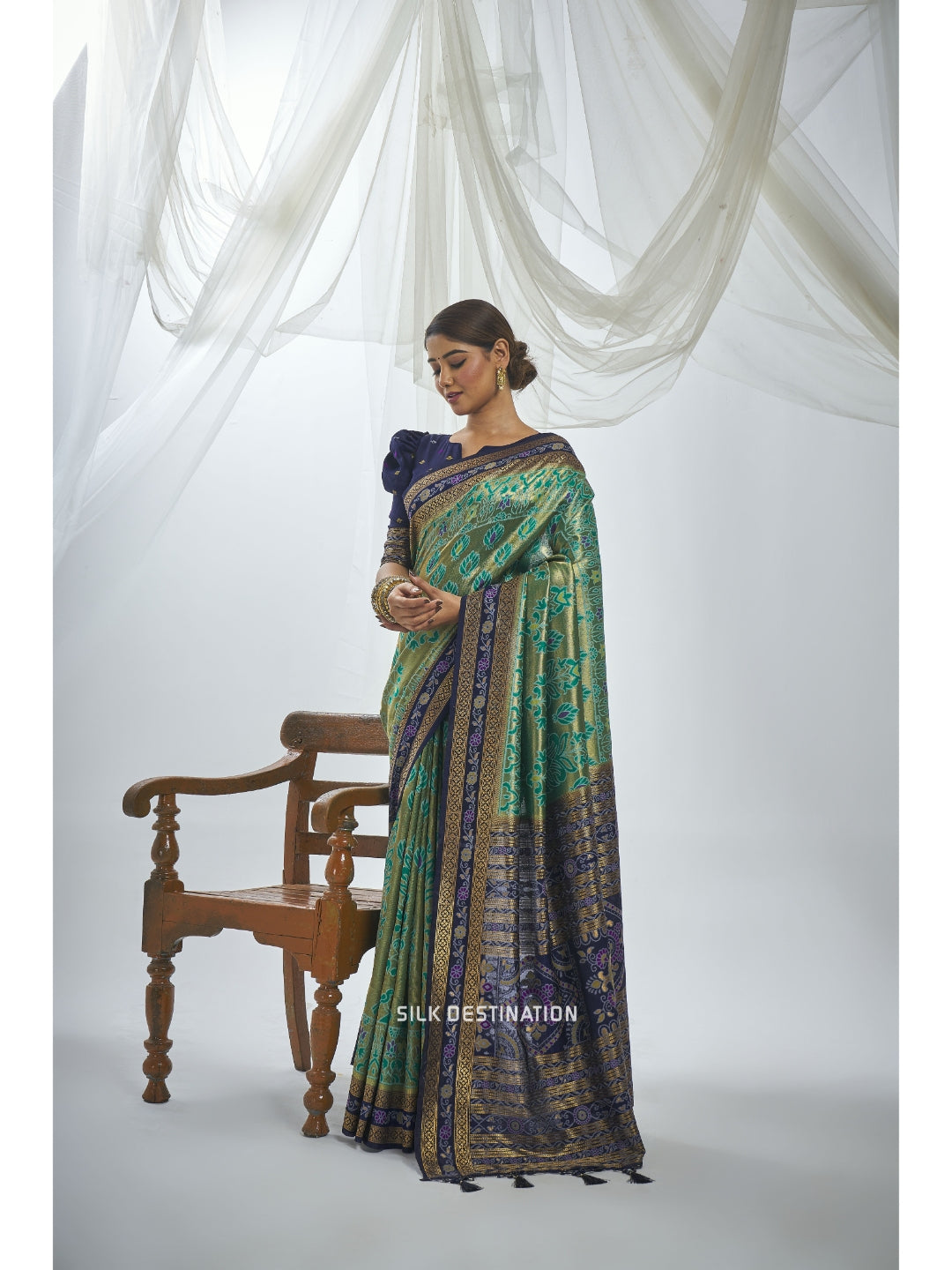 Swarnim Saree: Graphite Green with Beauty Blue Pallu, Traditional Sambalpuri Silk Saree with Barpali Motifs