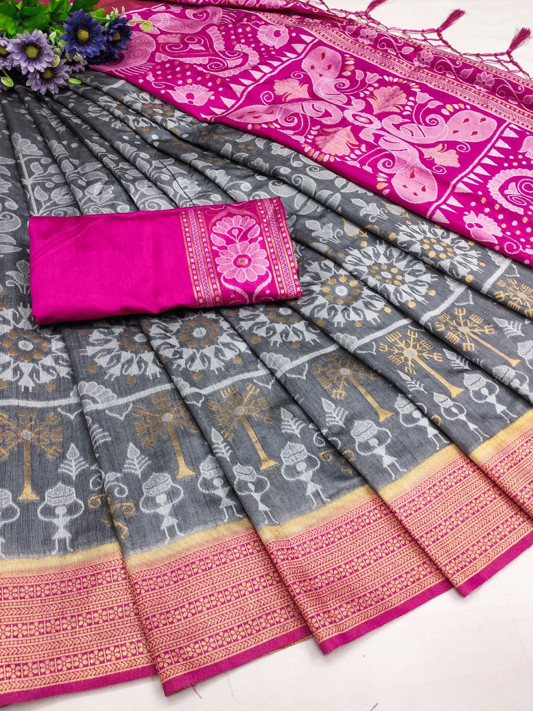 Gracious Grey and Rani Pink Roopmala – Designer Sambalpuri Anchal Silk Saree