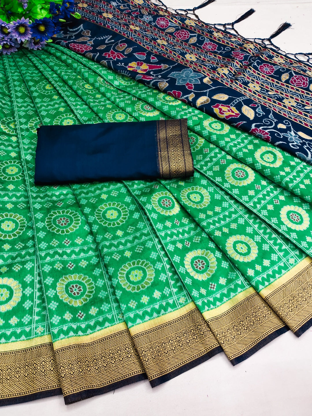 Rama Green and Bold Blue Chandramukhi - Designer Sambalpuri Anchal Silk Saree