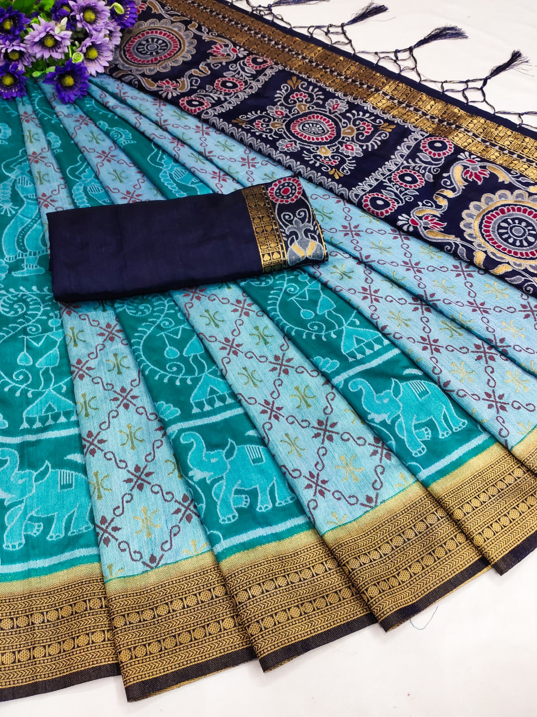 Trio Combination of Blush Blue, Bold Blue and Sapphire Blue Triveni Sangam - Designer Sambalpuri Anchal Silk Saree