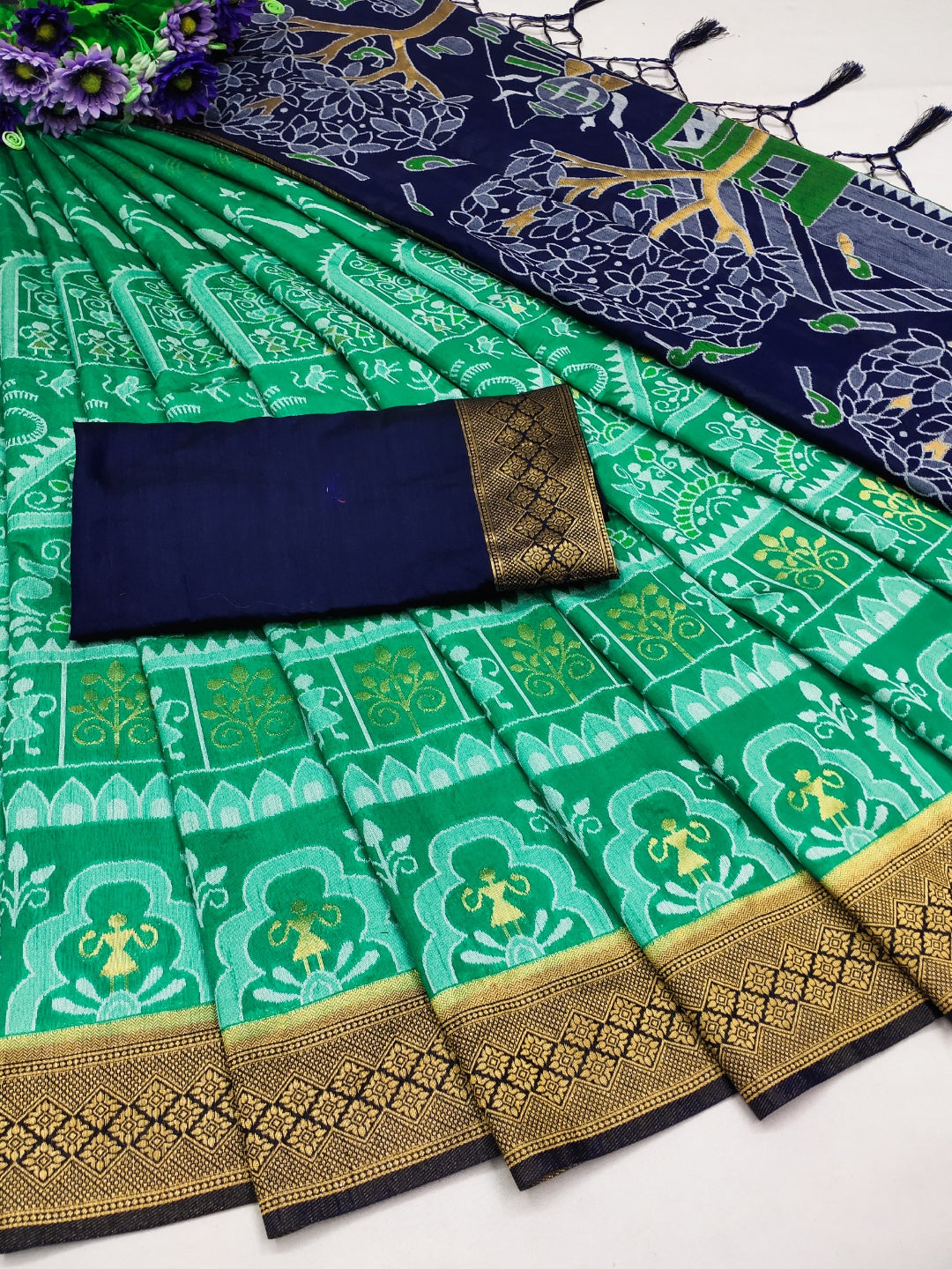Rama Green and Bold Blue Shrilaxmi - Designer Sambalpuri Anchal Silk Saree