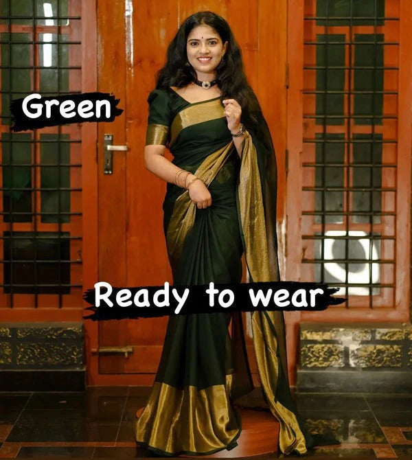1-Min Ready To Wear Chiffon Gold Zari Patta Saree With Unstitch Blouse-green