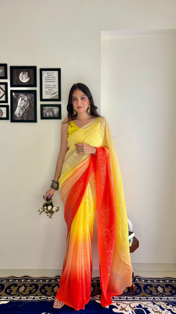 Yellow Crush- Most Beautiful In Georgette With Crush Pattern Fabric With Sequence Embroidery Work Saree