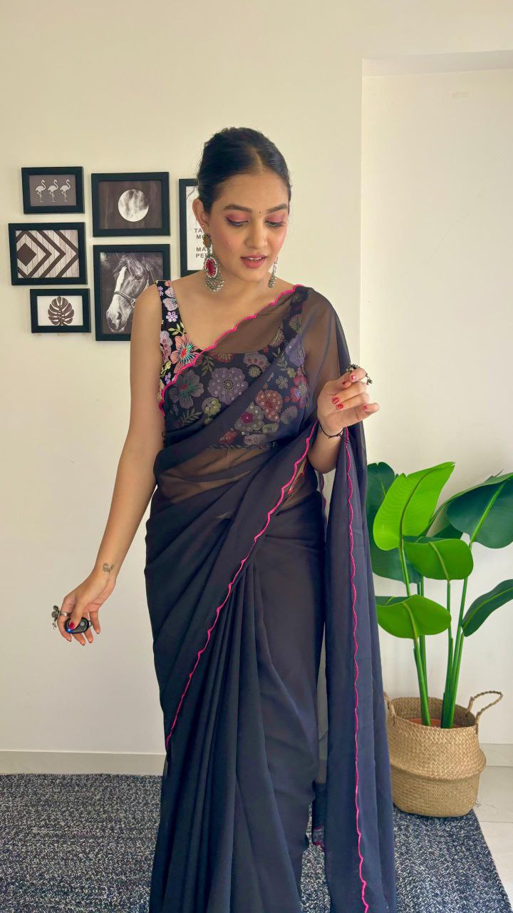 black - fox georgette saree with sequence work and multicolour thread work design blouse. (unstitch)