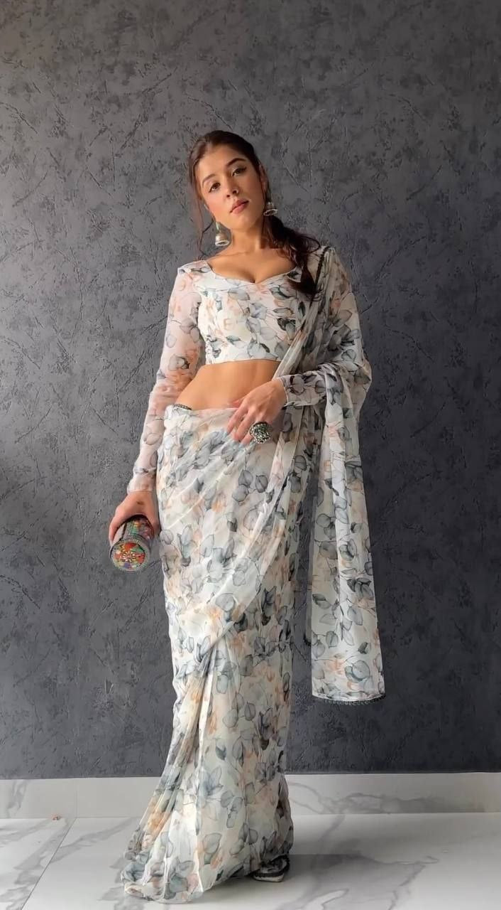 1 min ready to wear  white leaf saree with unstitched blouse