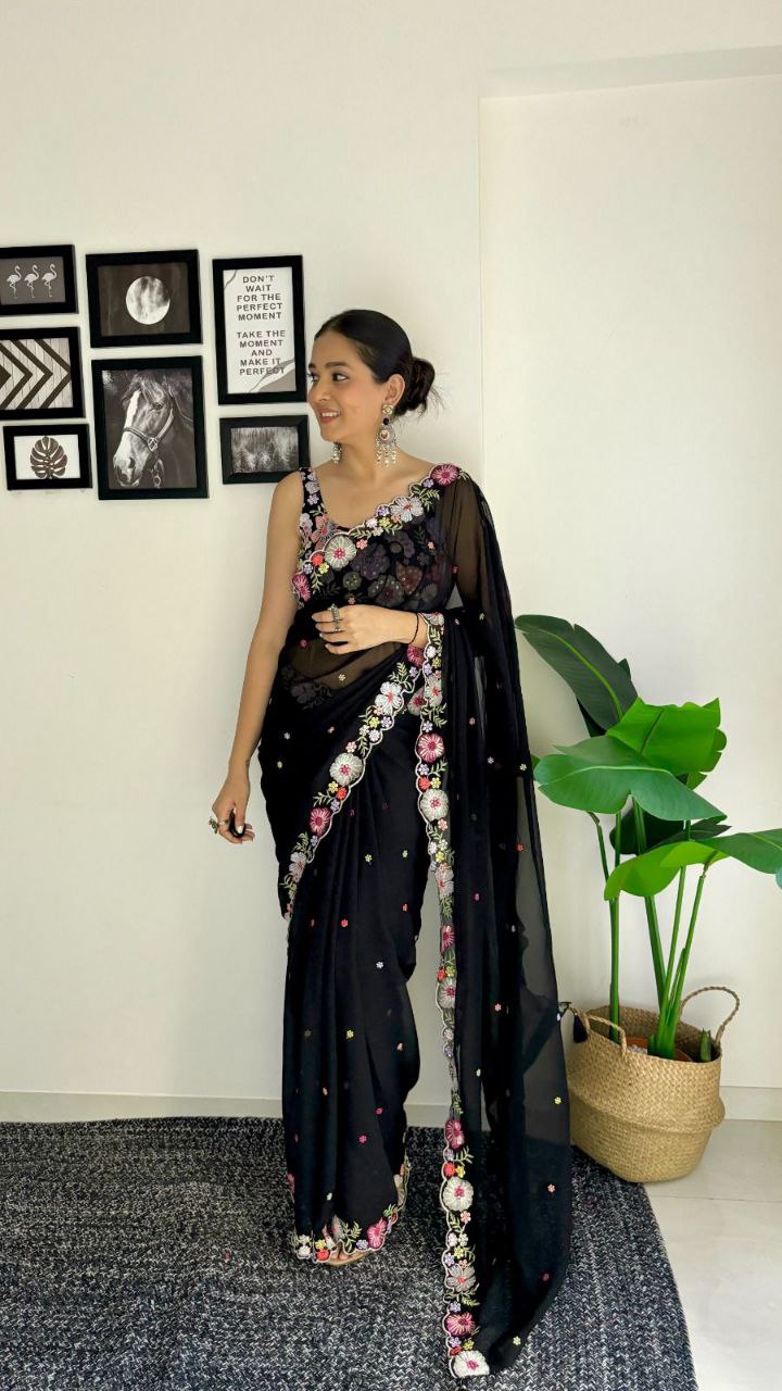 Black Saree - Fox Georgette Saree With Sequence Work And Multicolour Thread Work Design Saree And Blouse. (Unstitch)