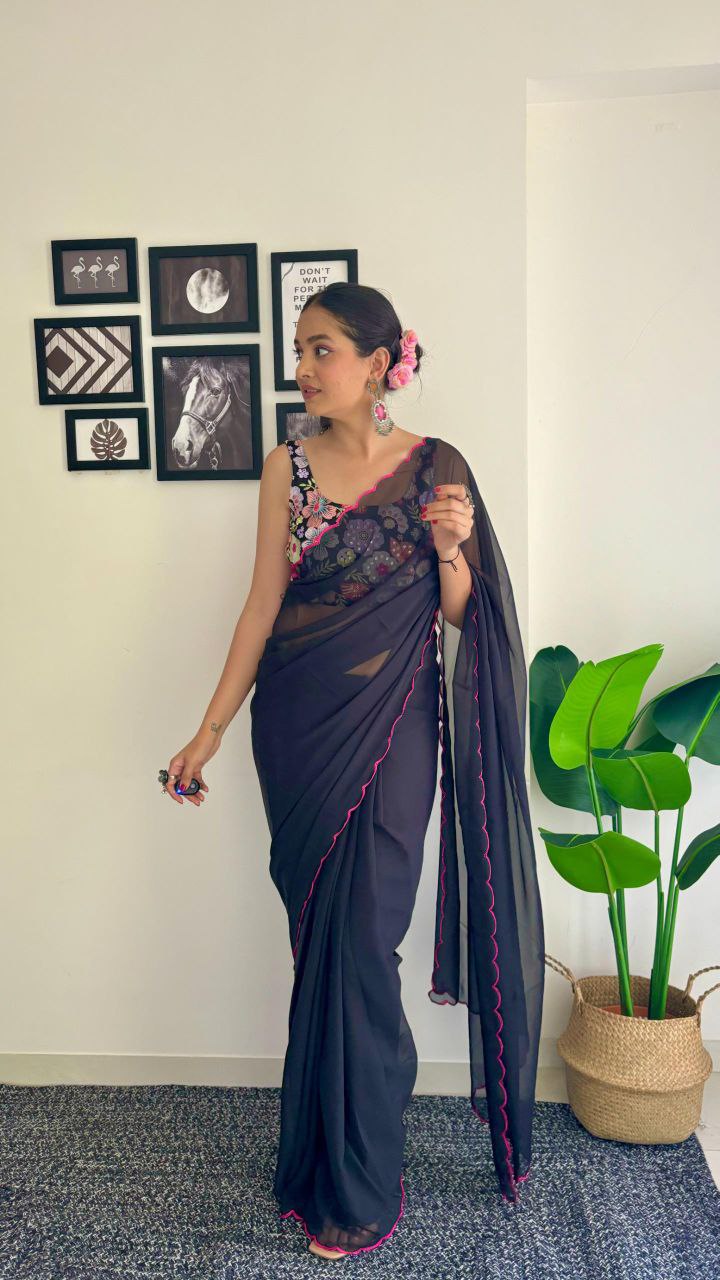 black - fox georgette saree with sequence work and multicolour thread work design blouse. (unstitch)